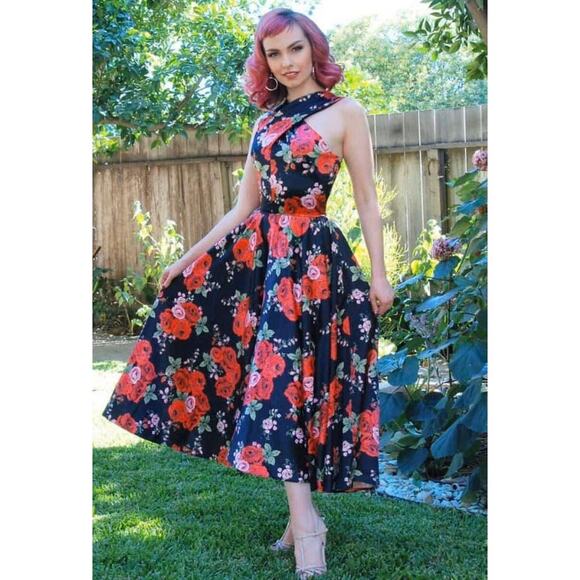 Pinup Couture Dresses & Skirts - Pinup Girl Midcentury Mia Dress in Red Rose Satin Criss Cross Front Gown XL